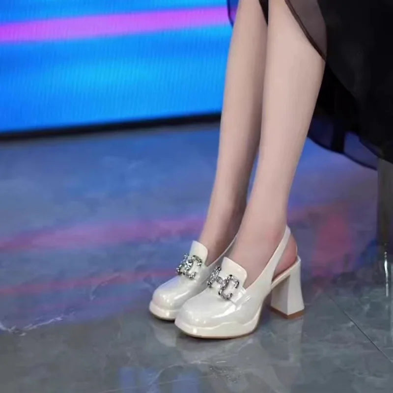 ハイヒールパンプス、女性用、チャンキープラットフォーム、夏用レザーシューズ、女性用、高級ラインストーンデザイン、アンクルストラップ、パーティーシューズ