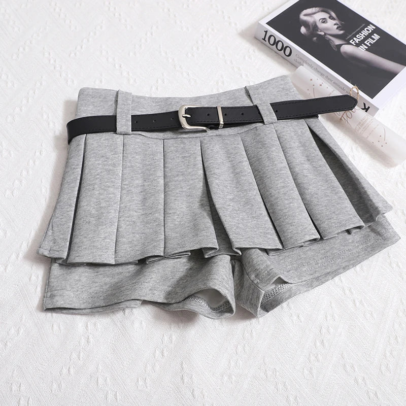 Kimotimo Womens Shorts Autumn Winter Belt High Waist Fluffy Pleated A-line Short Pants Korean Fashion Sexy Y2k All Match Clothes