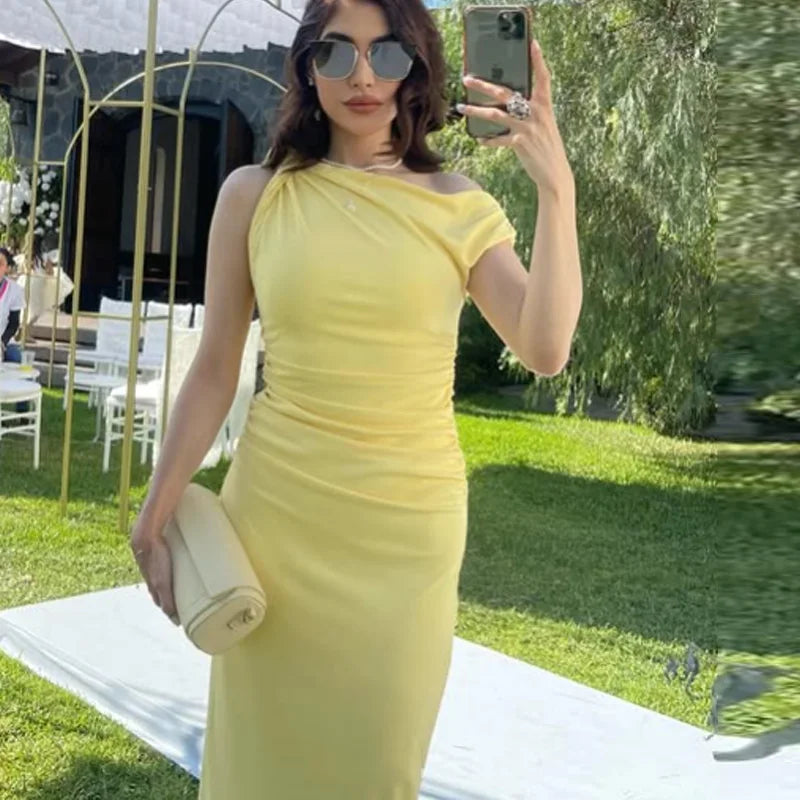 TRAF Asymmetrical Long Dresses 2025 Woman Sleeveless Yellow Midi Dress Ruched Bodycon Party Dresses Women Slit Elegant Dress 088