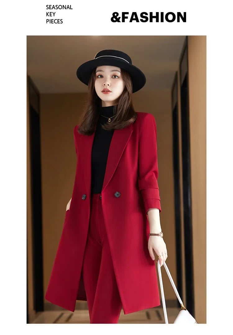 2022 Winter High-end Women's Business Suit Pants Two-piece Set Temperament Slim Solid Color Lady Double Breasted Trench Coat