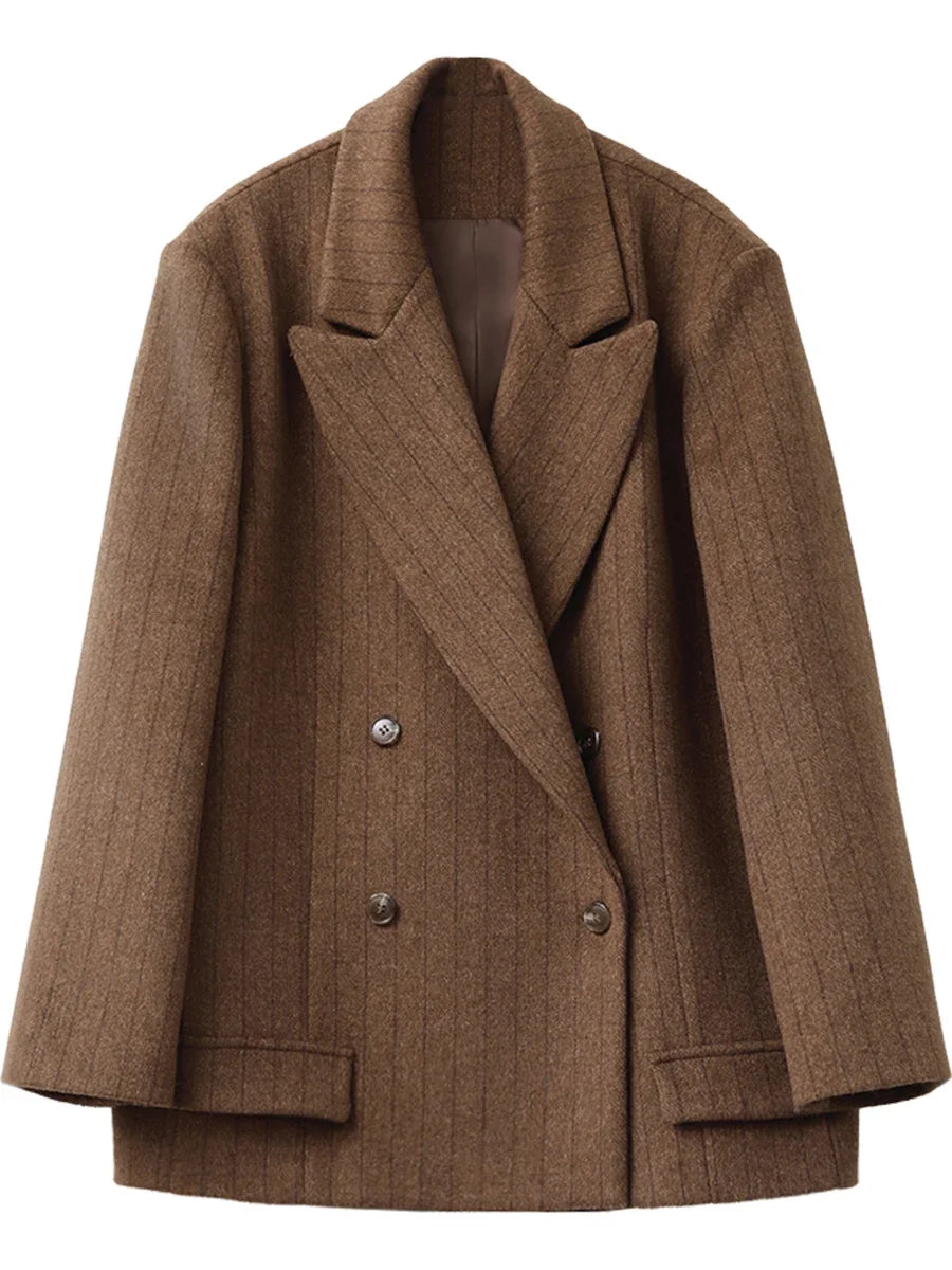 CHIC VEN Women Woolen Blazer Loose Vintage V Neck Female Jacket Suit Double Breasted Office Ladies Coat Spring Autumn 2025