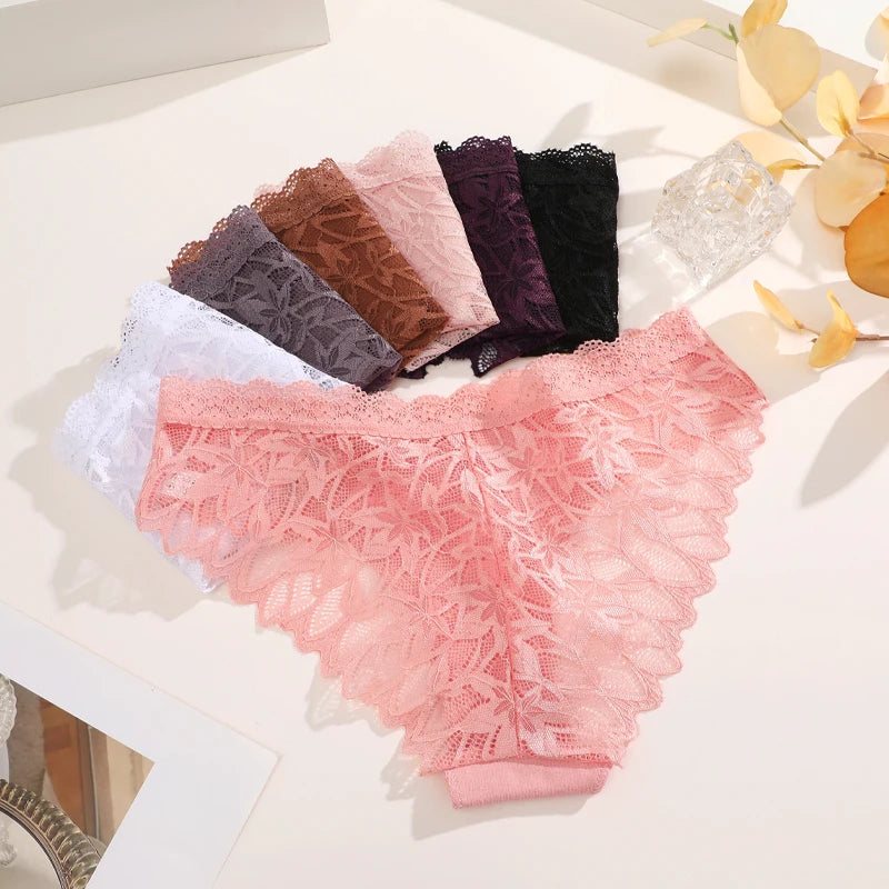 FINETOO 3Pcs Lace Hollow Out Underwear for Women Sexy Low-Waist Floral Briefs Female Invisible Breathable Lingerie Soft Intimate
