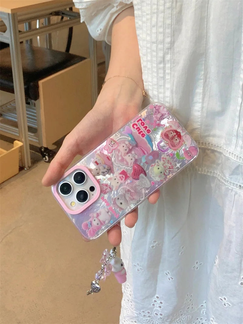 高級レーザーレインボーキュートピンクハートラブキャット漫画電話ケース iPhone 12 13 14 15 16 Pro Max Y2k 3Dふわふわ猫人形ストラップ