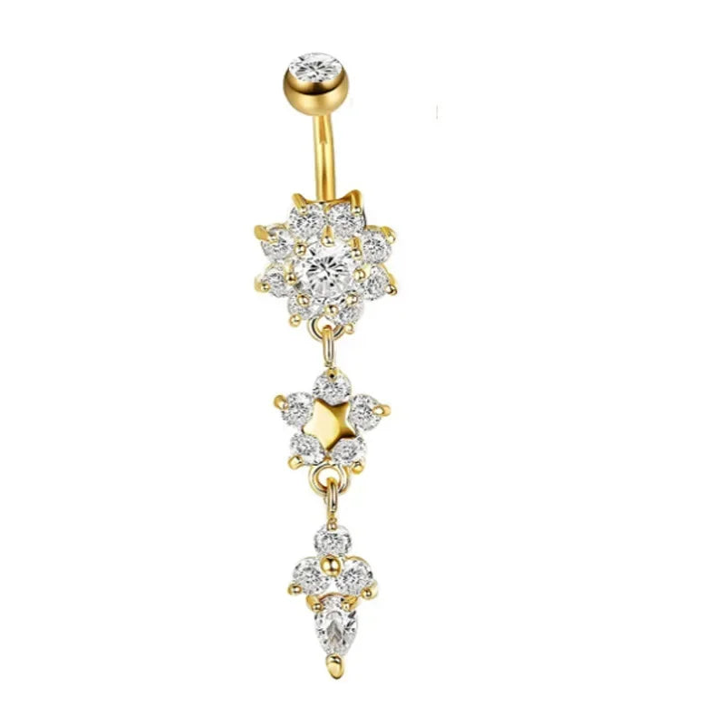 Alloy Zircon Navel Nail Ring Crystal Bar Barbell Drop Flower Dangle Body Piercing Belly Button Rings Men Women Body Jewelry Gift