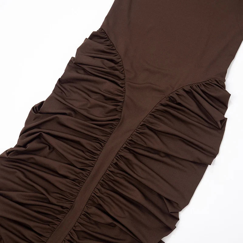 Mozision Turtleneck Backless Ruched Sexy Maxi Dress Women Brown Off-shoulder Backless Bodycon Club Party Long Dresses Female