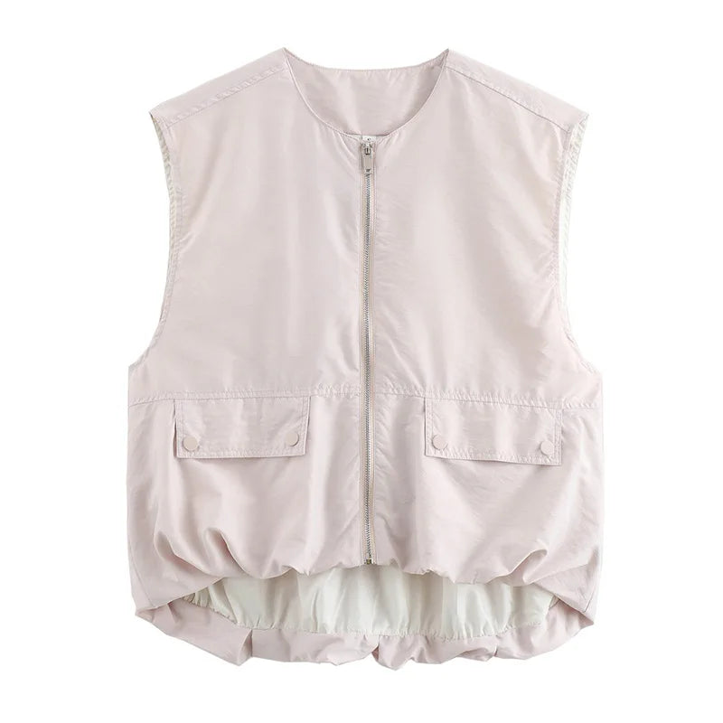 SIYANG Women Fashion Chic Loose Sleeveless Pockets Vests Female O-Neck Pleated Hem Waistcoats Ladies Casual Streetwear