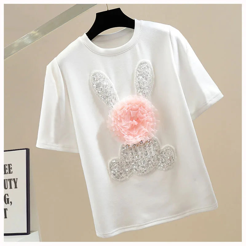 Heavy Industry Rabbit Sequins White Short-Sleeve T-shirt Women Sweet Contrast Color Mesh Cute Flowers Rabbit T Shirt Summer Tees