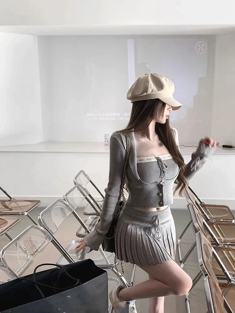 Woman Y2k Matching 3 Piece Set New Products Sweet Solid Knitted Cropped Patchwork Vest Slim Cardigan Mini Pleated Skirt Autumn