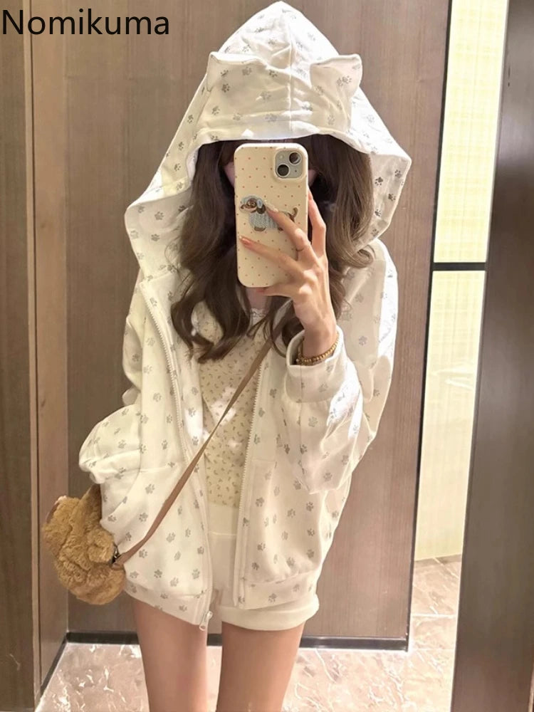 Cat's Ears Hooded Sweatshirts Women's Clothing Cute Y2k Tops 2025 Roap Mujer Cartoon Print Casual Fashion Japanese Hoodie Coat