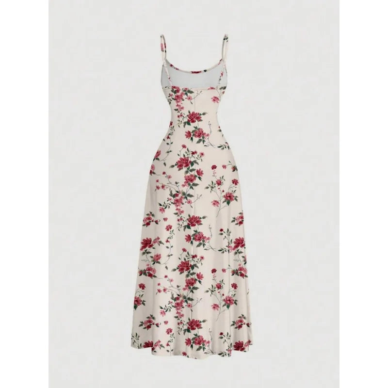 Women Summer Casual Sweet Floral Print Halter Dress High Waist Pleated Slim Fit A-line Dress Casual Vacation Dress