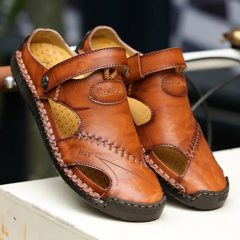 Sandals Man Summer 2023 Leather Slides Breathable Rome Male Outdoor Beach Platform Slippers Soft Hot Sale Men Flat Sandals