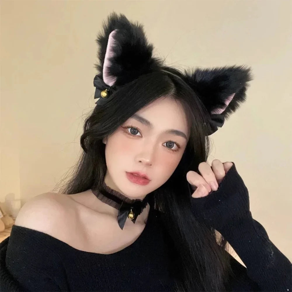2Pcs Sexy Cat Ears Women Plush Bell Headband with Bell Heart Neckchain Cosplay Masquerade-Party Costume Hair Accessories