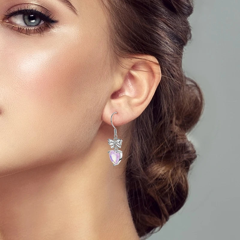 VAMO 925 Sterling Silver Bow Tie and Heart Earrings Women Sparkling Ear Studs CZ Earring For Anniversary Wedding Gift