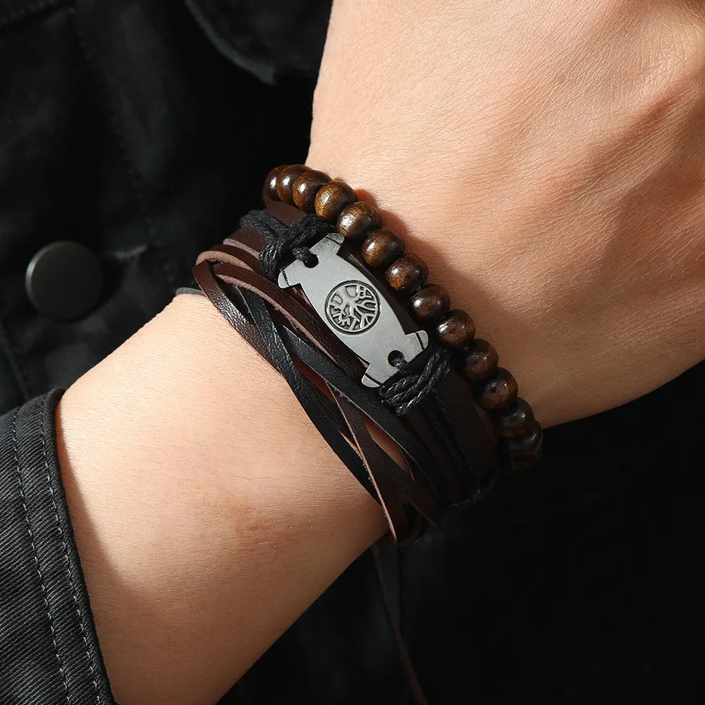 Red 6 Pc/set Tree Black Wrap Woven Handmade Wood Beads Bracelets Male Women Leather Bracelets Men Bangle Wholesale Jewelry Gift