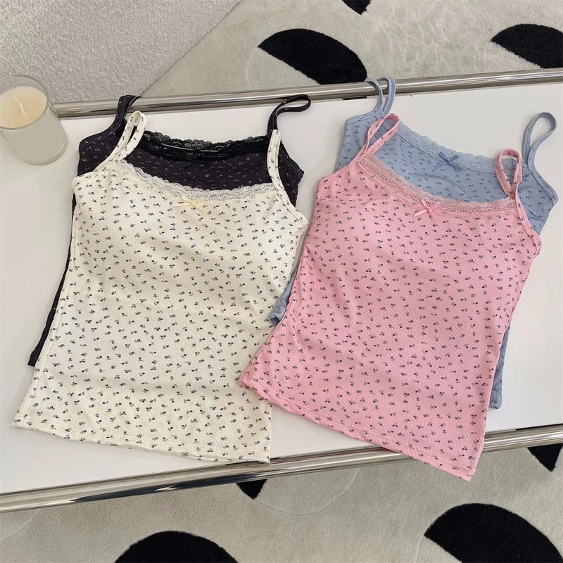 Summer Print Crop Tops for Women Bow Lace Camisole Sexy Backless Vest with Padded Basic Tank Top Bm Style Camis Y2k Streetwear