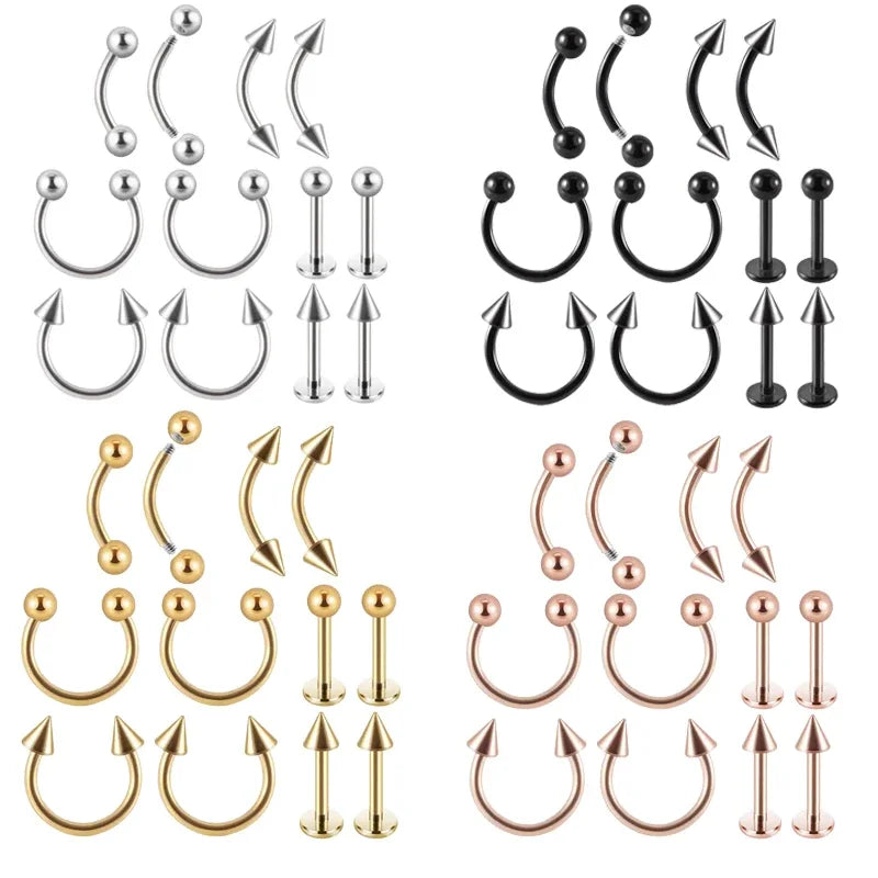 12PC/set Surgical Steel Body Piercing Jewelry Lot Bulk Nose Ring Tongue Bar Lot Eyebrow Labret Piercing Set Horseshoe Ring