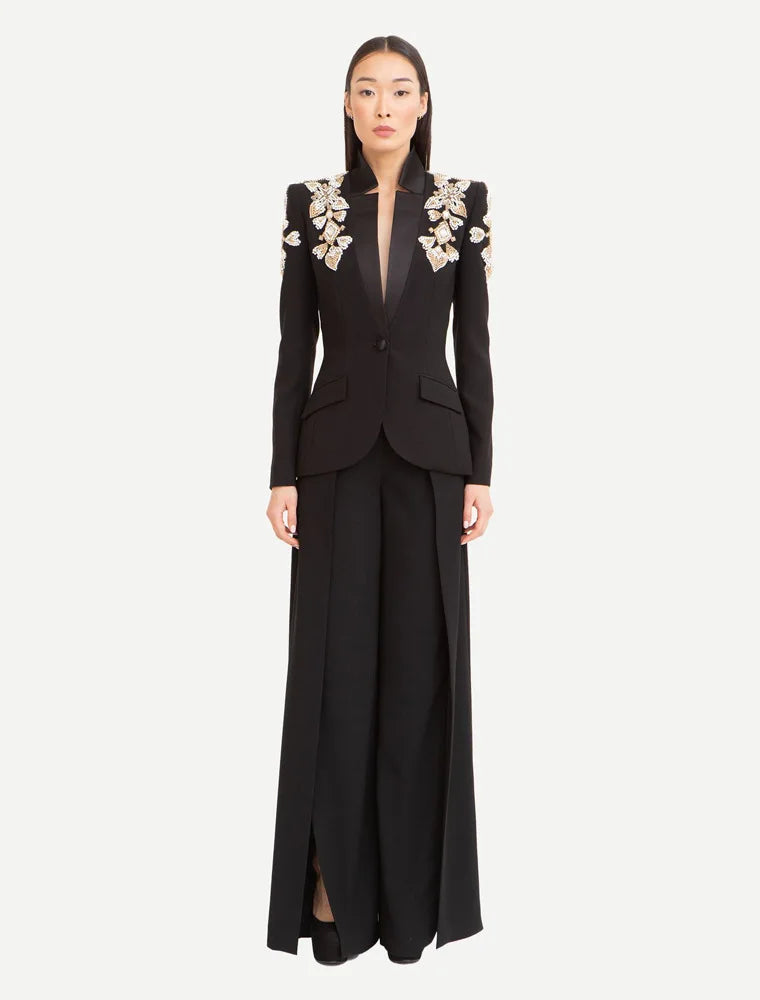 HIGH STREET Newest 2024 Designer Suit Women Beaded Diamonds Stand Collar Single Button Blazer Wide-leg Pants Set 2PCS