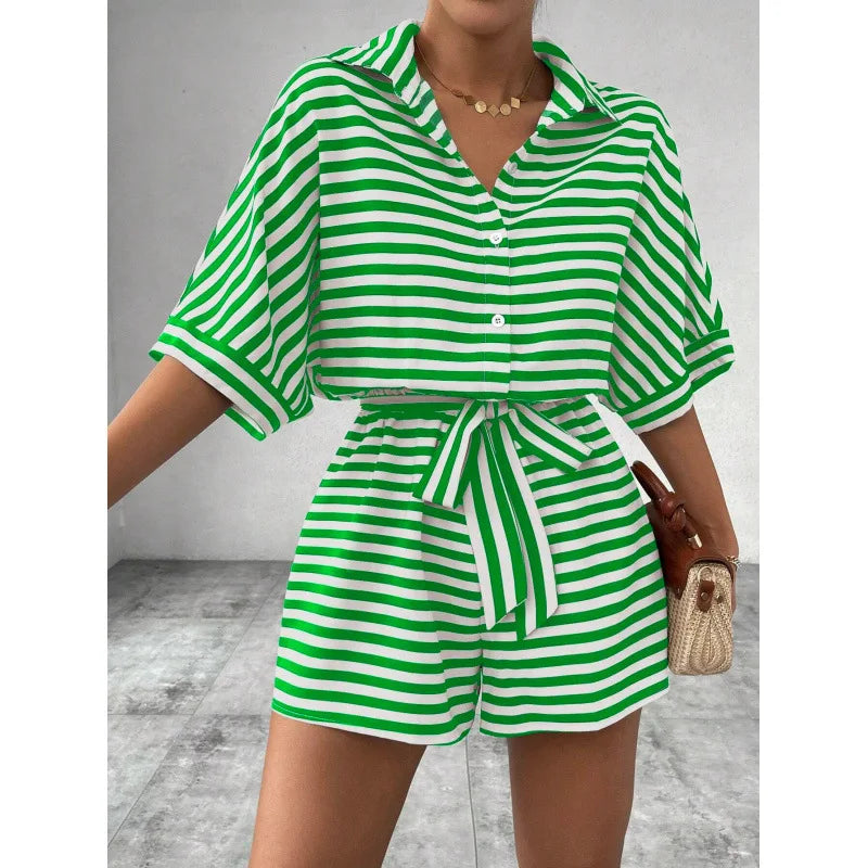 Summer New Set For Women's Casual Loose Comfortable Outfit Fashion Striped Batwing Sleeve Shirt Top+ Shorts 2-piece Sets Woman