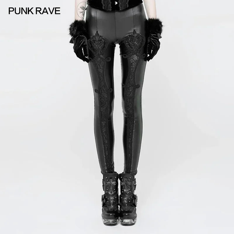 PUNK RAVE ゴシック エラスティックウエスト フラワー刺繍 レザー レギンス ヴィンテージ エンボス メッシュ レース クラブ パーティー セクシー レディースパンツ