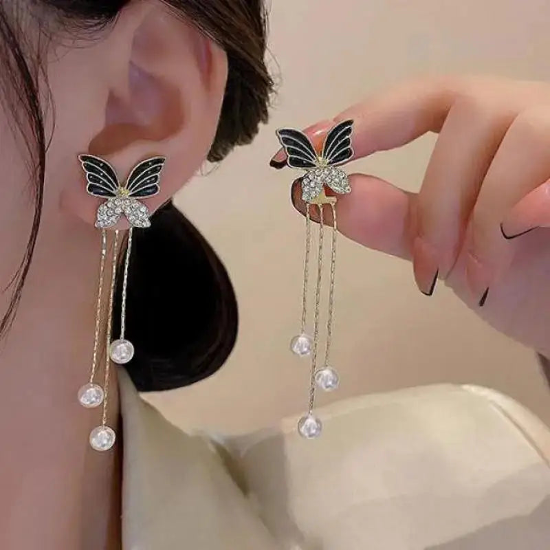 925 Silver Needle Blue Purple Butterfly Long Tassel Earrings For Women Jewelry 2025 Trending New Korean Crystal Drop Earrings
