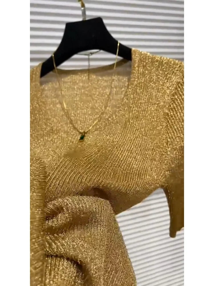 Gold Short-sleeved T-shirt for Women 2025 Summer New Style Chic Slim Ice Silk Knitted Top