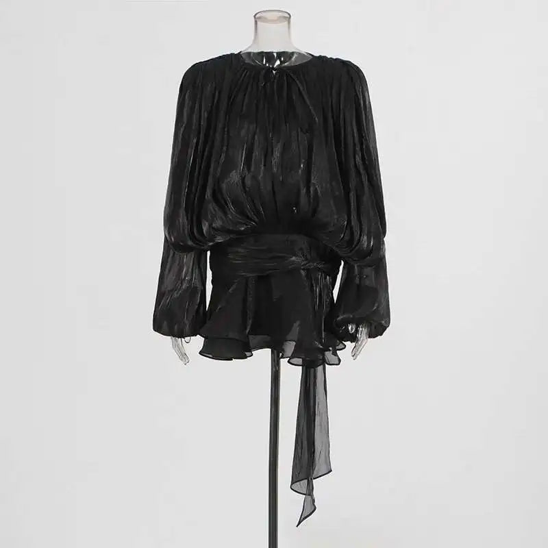 TWOTWINSTYLE Solid Blouse Mini Dresses For Women V Neck Long Sleeve Spliced Lace Up Sweet Style Dress Female Clothing Fashion