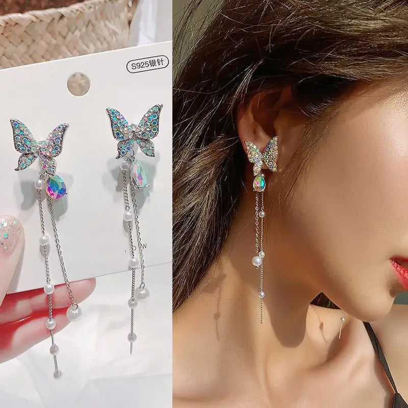 925 Silver Needle Vintage Green Crystal Butterfly Drop Earrings For Women Jewelry 2025 Trending Luxury Zircon Women's Earrings