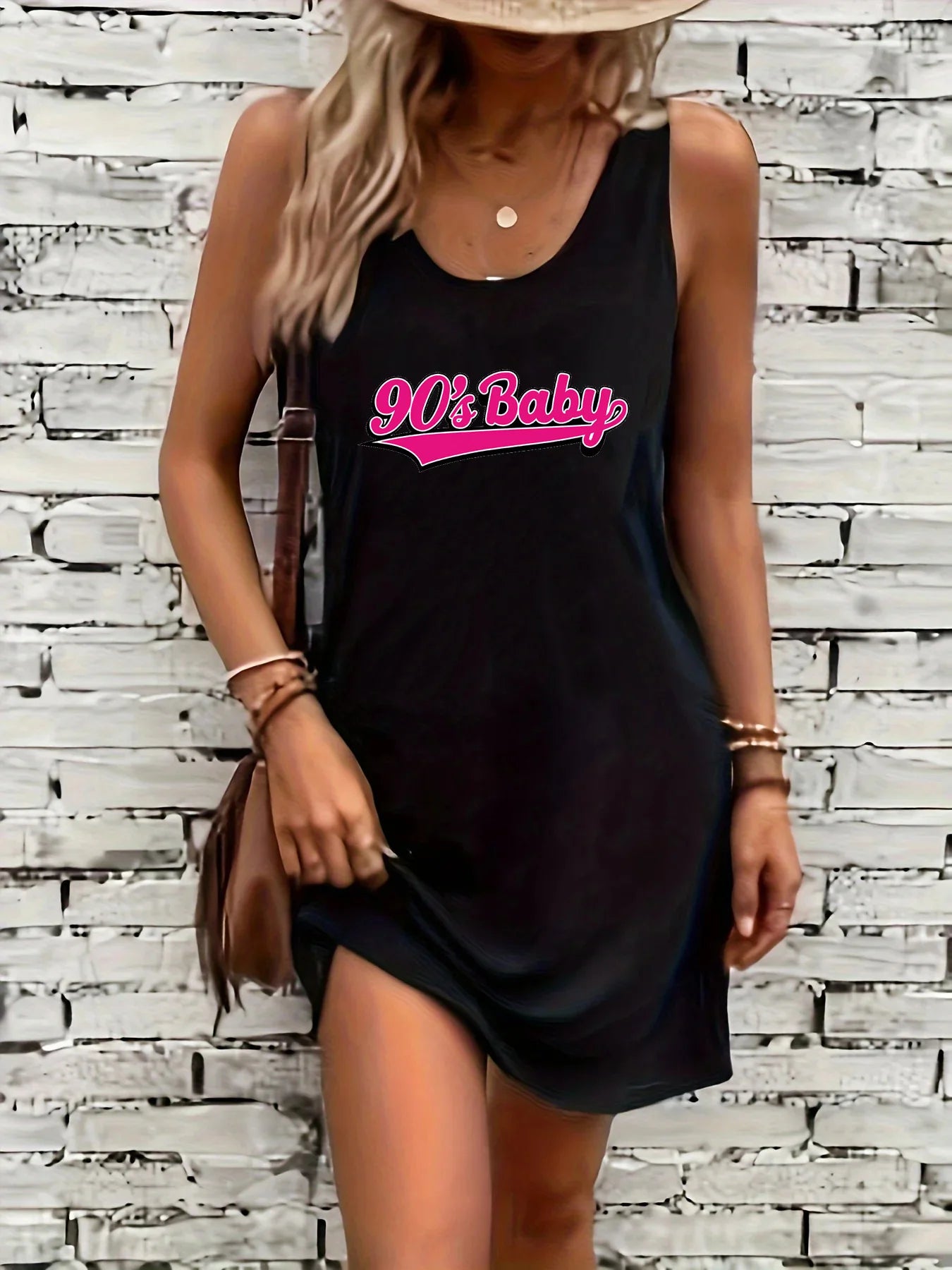 Women's summer loose and comfortable casual color portrait pattern print black sleeveless vest skirt punk style dress