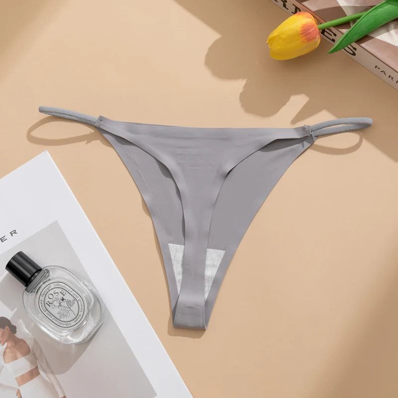 Women's Sexy Lightweight Ice Silk Seamless Knit Thong with Thin Straps - No Show Panty Underwear Lingerie Intimate Apparel