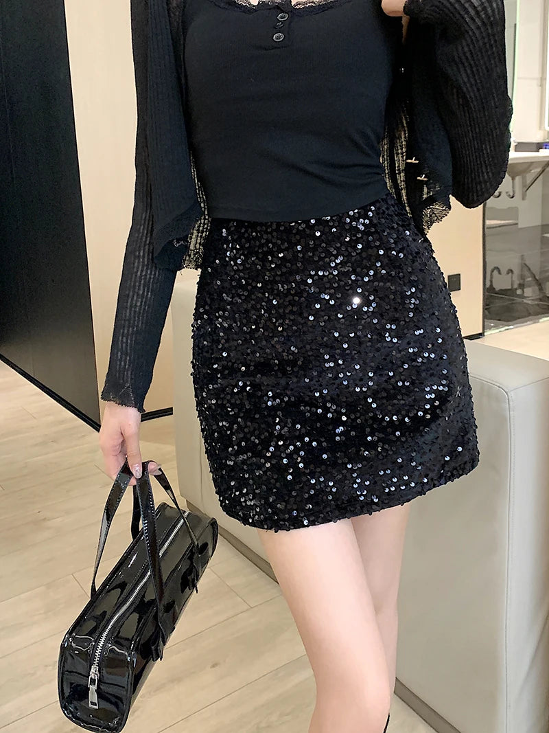 High Waist Sequined Casual A Line Skirts Women 2025 Elegant Korean Fashion Y2k Clothes Sweet Kawaii Black Micro Skirt Harajuku