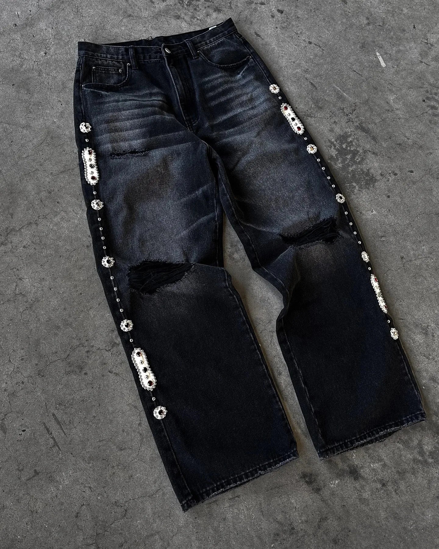 メンズ レディース チェリーブロッサムナイト オール刺繍 デニムパンツ Y2K ヴィンテージ バギー ストリート ストレートジーンズ ハイウエスト ウォッシュ加工 ブルージーンズ