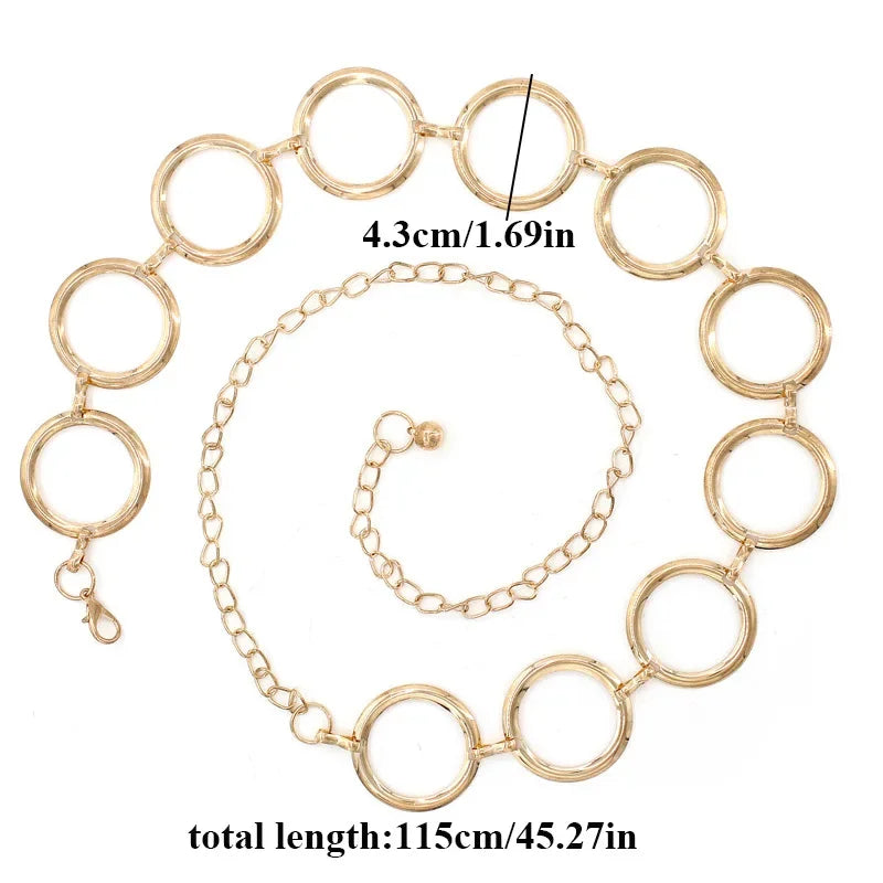 Simple Alloy Large Round Ring Waist Belt Fringes Ring Waist Chain Women Circle Metal Chain Belt Geometric Long Hollow Waistband