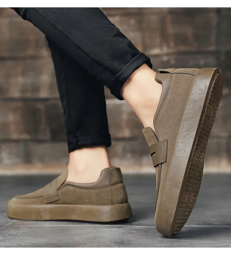 Loafers Men Shoes Leather Walking Shoes Business Non-slip Soft Bottom Work Loafers Round Flat Bottom Footwear Outdoor Sneaker