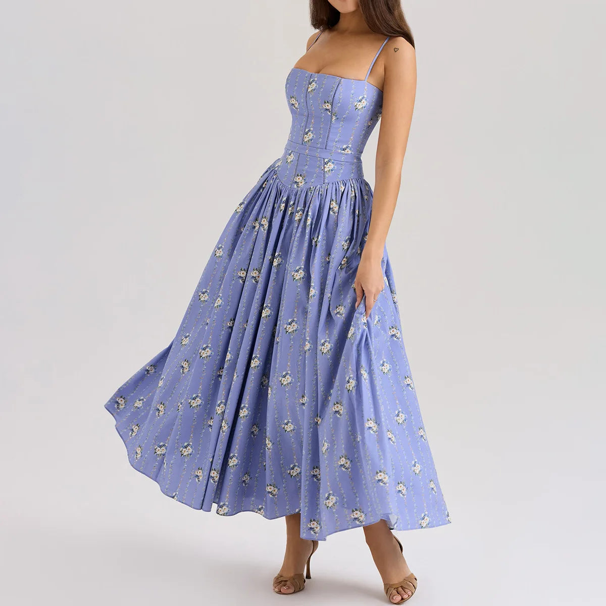 Mingmingxi Summer Floral Print Dress Elegant 2025 New Arrivals Spaghetti Strap Flare Dress Maxi Holiday Party Dresses Women