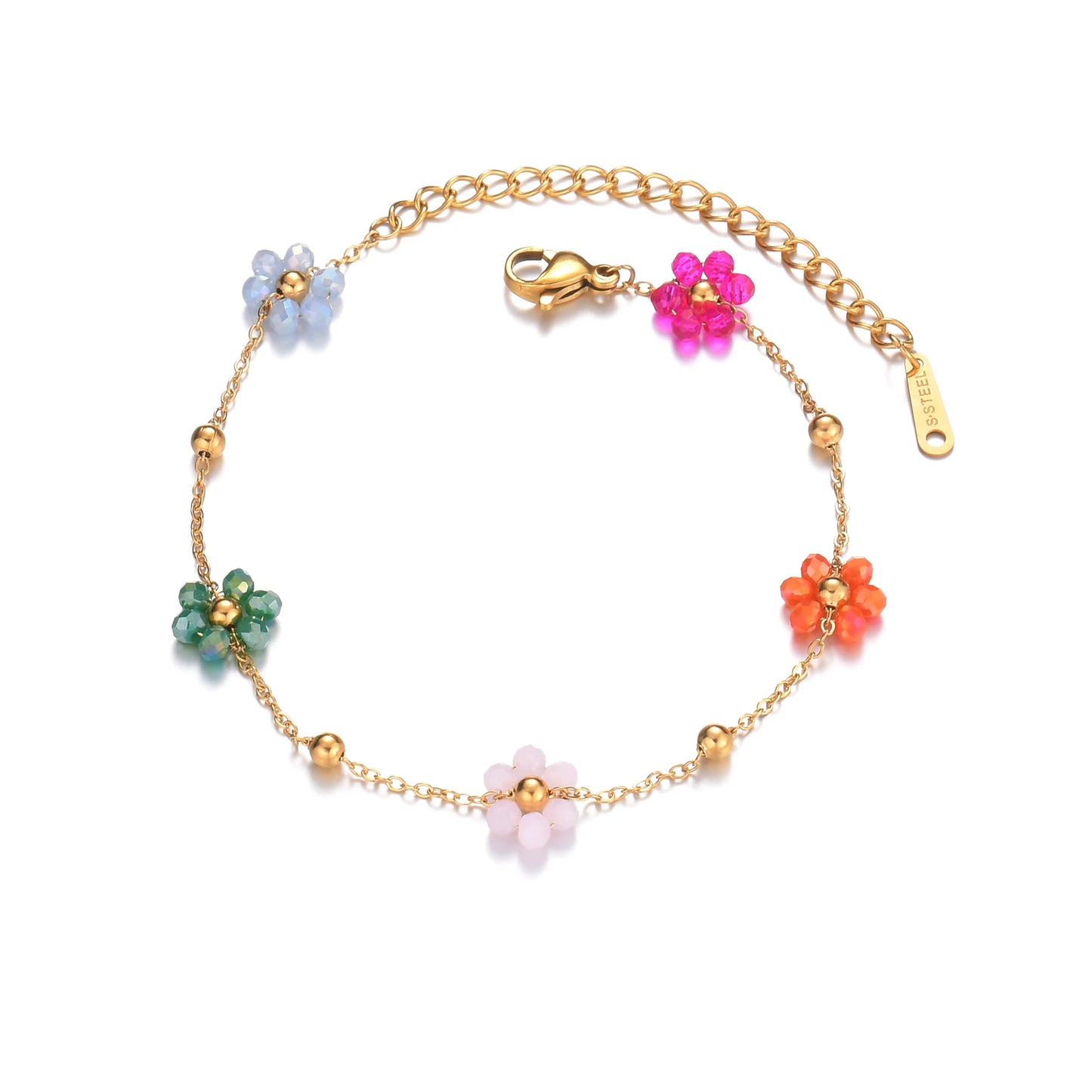 Freeteeme Fashion Colorful Flower Bracelet for Women Girls Stainless Steel Jewelry Gold Color Beads Chain Valentine's Day Gift