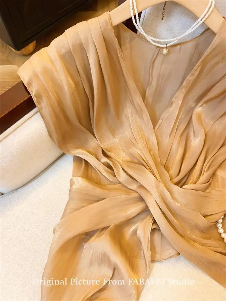 French Cross V-Neck Chiffon Blouse Women's Summer Premium Linen Sleeveless Irregular Tulle Top