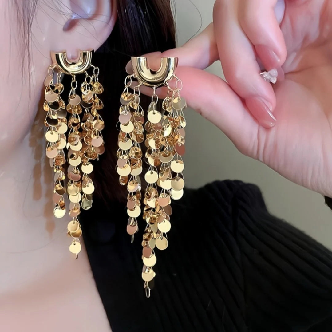 Luxury Exaggerated Metal Round Sequin Tassel Earrings for Women U-Shaped Big Elegent Personalized Party Girls Unusual Jewelry