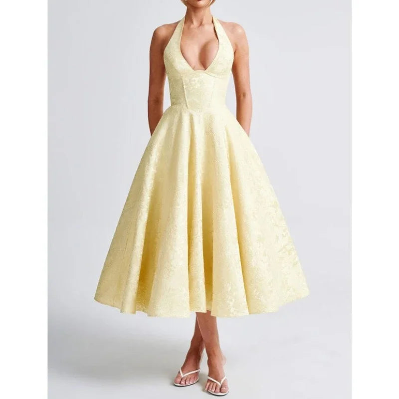 Deeptown Elegant Sexy Evening Party Dresses Women Korean Style Halter V-neck Dress Sweet Backless Yellow Summer Solid Midi Dress