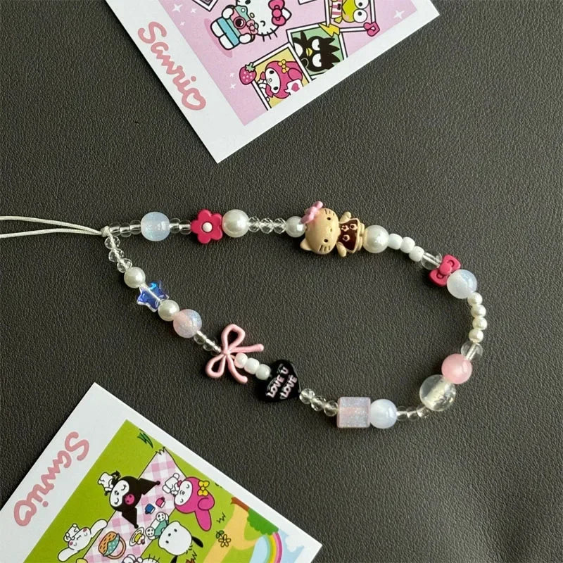 New Anime Cartoon Sanrio Hello Kitty Beaded Phone Chain Cute Girl Ccd Camera Backpack Pendant Decoration Friends Birthday Gift