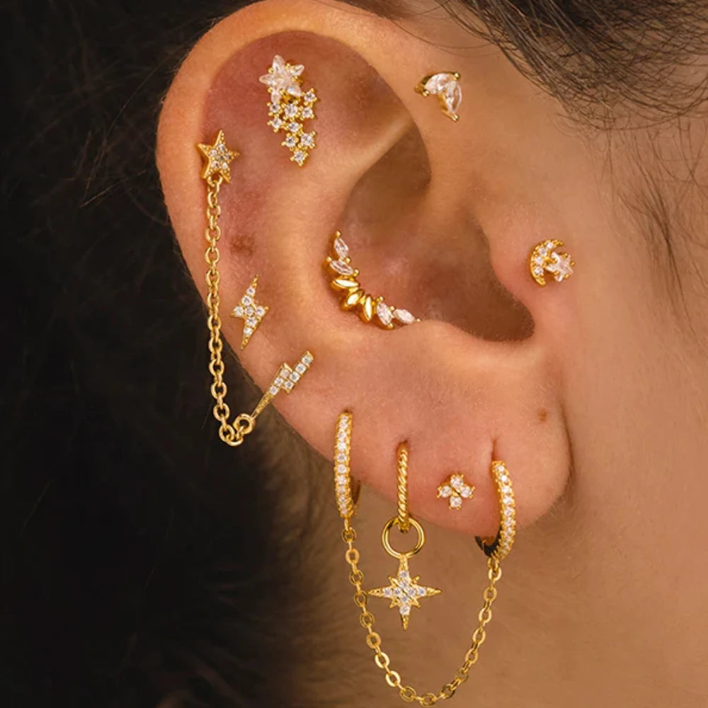 Aide 925 Sterling Silver 1pc Geometry Multi Piercing Stud Earrings For Women K Gold Simple Elegant Tassel Jewelry Gift Pendiente
