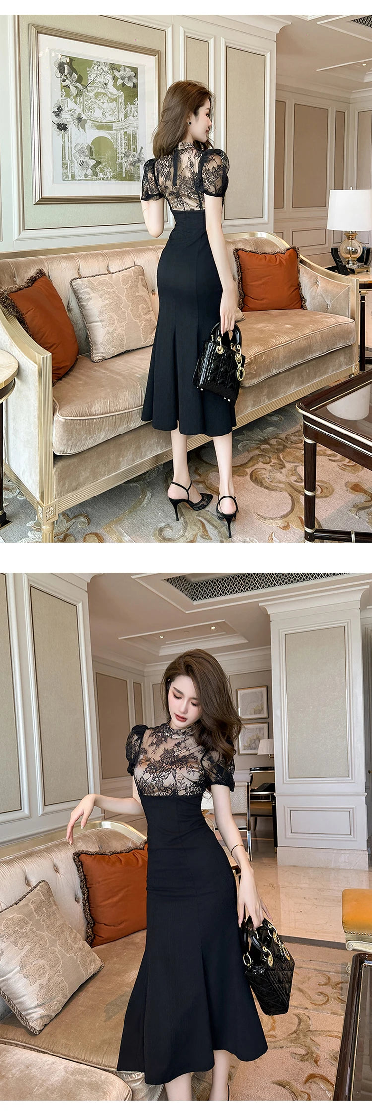 Elegant Style Long Dress Women Retro Chic Sexy Black Sheer Lace Spliced High Waist Fishtail Robe Femme Party Prom Vestidos Mujer