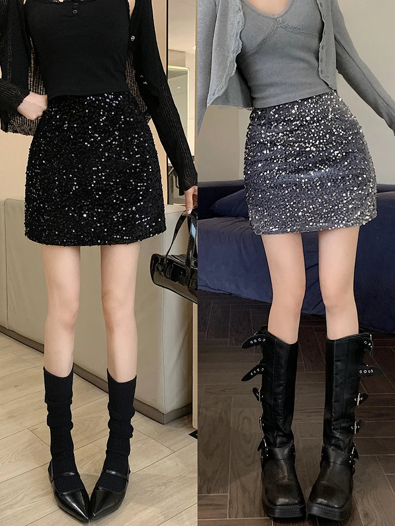High Waist Sequined Casual A Line Skirts Women 2025 Elegant Korean Fashion Y2k Clothes Sweet Kawaii Black Micro Skirt Harajuku