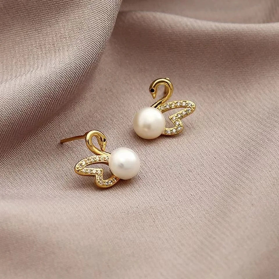 925 Silver Needle Hollow Crystal Swan Earrings For Women Korean Jewelry 2025 Trending New Luxury Animal Pearl Stud Earrings Gift