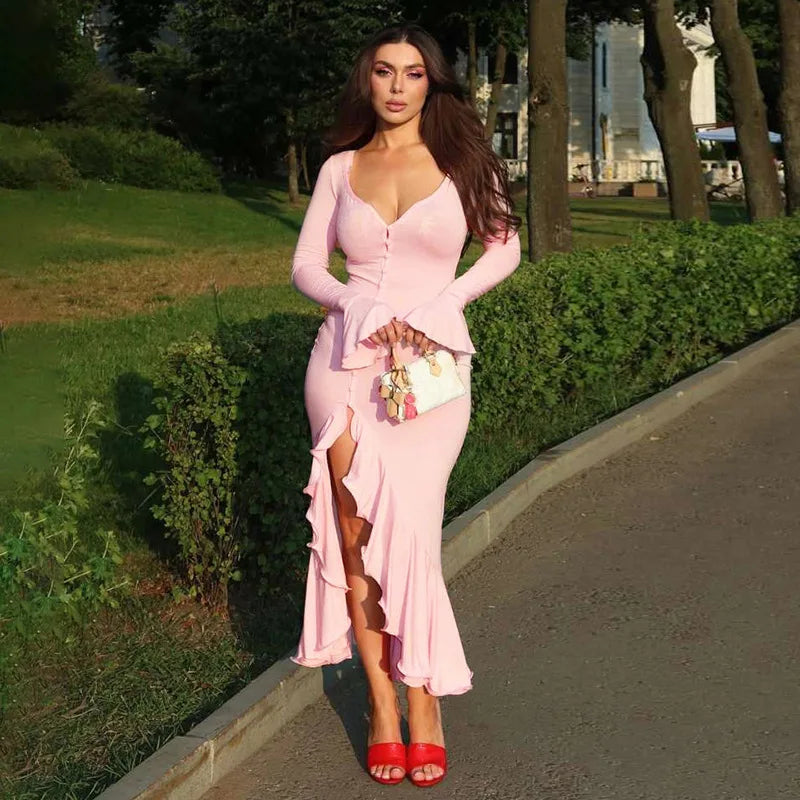 Sibybo Ruffles V Neck Bodycon Maxi Dress Women Fashion Single-breasted Flare Sleeve Side Split Irregular Party Dresses Robes