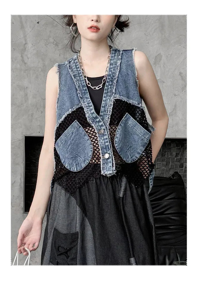 Grid Stitching V-Neck Denim Vest Women's Summer Fried Street Fashion Brand Loose Burrs Short Sleeveless Vests Jackets Female