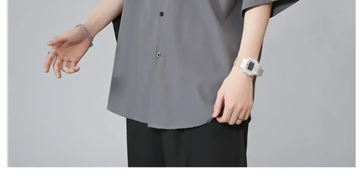 Men's Ice Silk Short Sleeve Shirt Casual Loose Fit Korean Style Trendy Black Shirt For Summer Thin Sleeve Casual