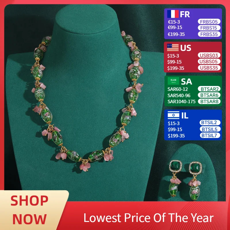 Pink Bowknot Jewelry Set Bride Natural Stone Crystal Necklace Earrings For Women Green Glass Beads Sweet Collar Accessories 2025
