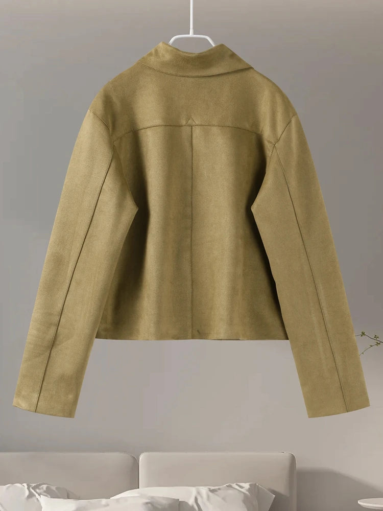 Retro Suede Jackets Women Elegant Single Breasted Lapel Brown Coats Female 2024 Autumn Winter Fashion Soft Pocket Outwears Lady