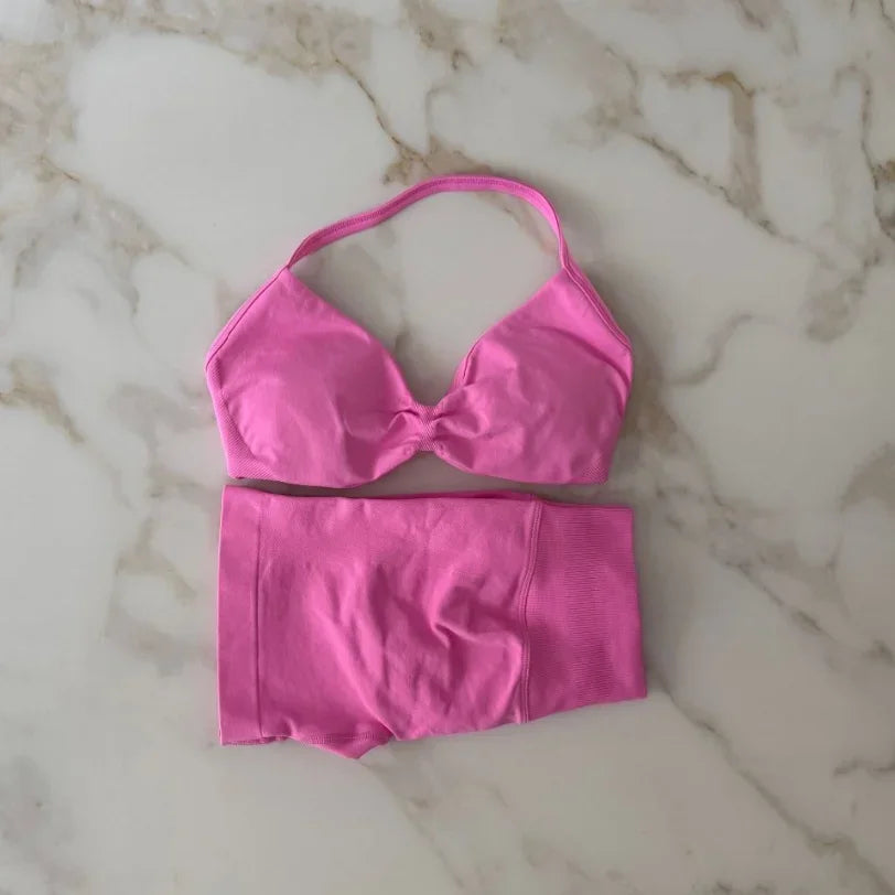 Gym Set Women Two Piece Strappy Yoga Bra Top Workout Scrunch Shorts Suit Fitness Clothes Seamless Sportswear Workout Set