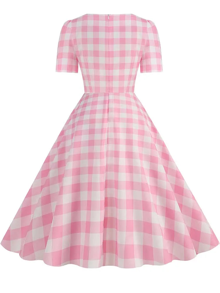 Green Plaid Swing Party Dresses Women Elegant Vintage Square Collar Short Sleeve Casual Summer Dress